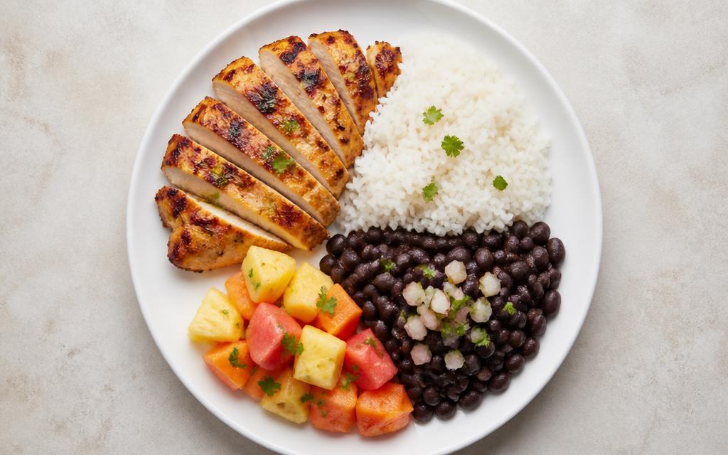 Prato com frango grelhado, arroz, feijão preto e salada de frutas visto de cima